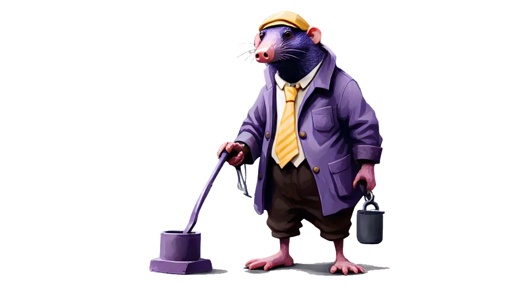 A drawing of a mole clerk pressing a stamp down onto a sheet of paper